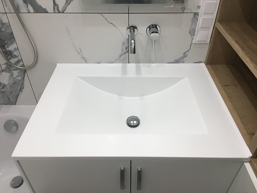 Стільниця з бічною панеллю з каменю Grandex P-104 Pure White – основне фото – Modern Acrylic Stone